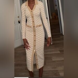 Michael Kors Beige Patterned Long Sleeve Dress